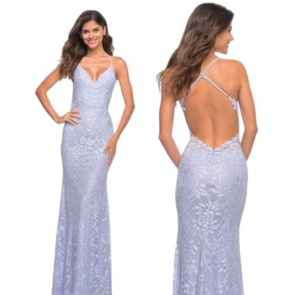 La Femme Light Blue Lace Maxi Dress